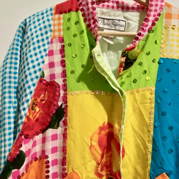 3) Vintage Diane Gilman Art to Wear Artsy Boho Sequined Patchwork Quilt Bomber … - Picture 3 of 9